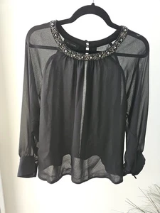 MM Couture Beaded Black Sheer Overlay Blouse Long Sheer Slv Sexy Open Back Sz L - Picture 1 of 22