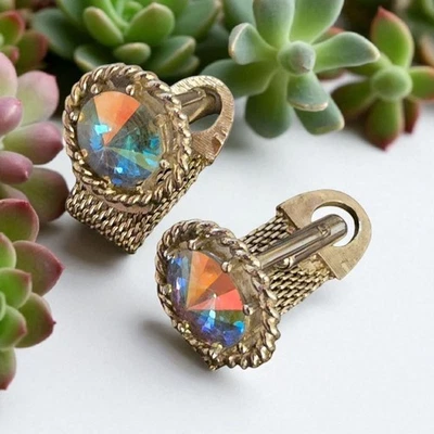 Abotoaduras tom prata enroladas em torno de pedras iridescentes Rivoli (D132) - Imagem 1 de 4