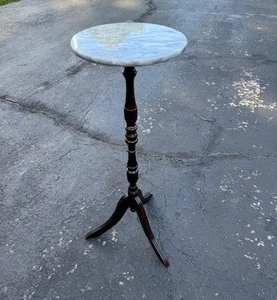 Vtg 12 inch Dia. Marble Top Plant Stand Round Wood Pedestal Display Table, 3 ft - Imagen 1 de 5
