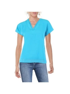 DKNY Womens Teal Textured Faux Layered Vented Hem Short Sleeve V Neck T-Shirt S - Picture 1 of 3