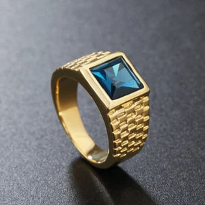 Gold Plated Blue CZ Wedding Ring Stainless Steel Men's Vintage Biker Punk Ring - Picture 1 of 4