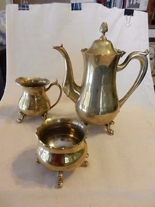 3 Piece Polished Brass Tea Set from India, Tea Pot, Sugar, Creamer  - Picture 1 of 12