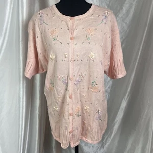 Vintage Pastel Pink Embroidered Knit Cardigan - Size Large (Fits Up to 1X) - Picture 1 of 13