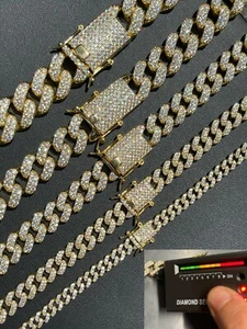 Miami Cuban Link Chain Iced MOISSANITE 14k Gold Plated Solid 925 Silver Necklace - Picture 1 of 18