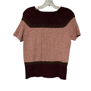 Tory Burch Wool Speckled Ribbed Burgundy Red Pink Mock Neck Short Sleeve Medium - Picture 1 of 9