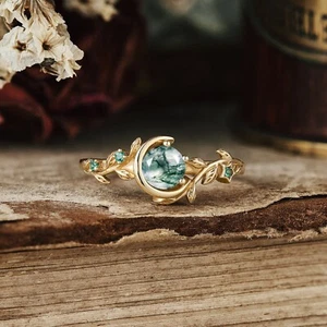 Gold Moss Agate Gemstone Ring Sterling Silver Dainty Ring Engagement Ring - Picture 1 of 5