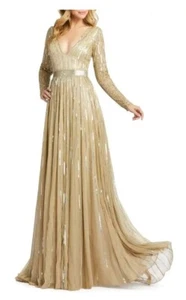 MAC DUGGAL 4977D Taupe Gold Glitzer Pailletten Perlen Langarm V-Ausschnitt Kleid 4 - Bild 1 von 14