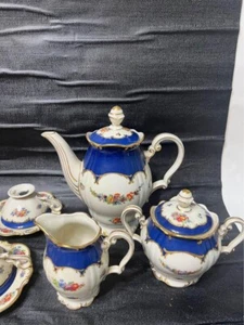 Set of Royal Blue Color and Floral Pattern Tea set by Schmieger - Picture 1 of 10