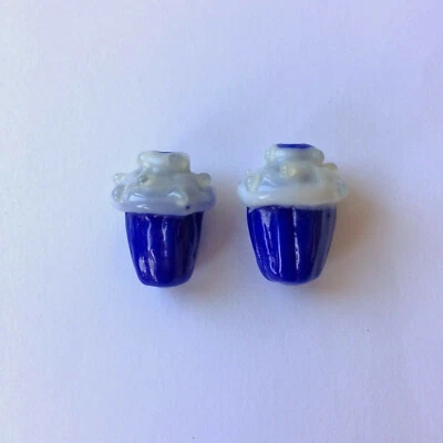 2 Blue Cupcake Cake Lampwork Glass Beads with Bobble Design - Image 1 of 4