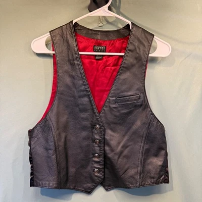 90 年代黑色真皮拉链摩托车背心大号红色衬里 — 第 1/4 张图片