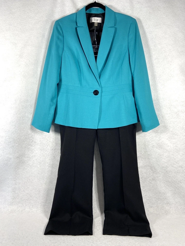 Le Suit 2 piezas Pantalón Traje Mujer’s Petite 14P Azul Negro Blazer Botón Manga Larga Foto 1 de 4