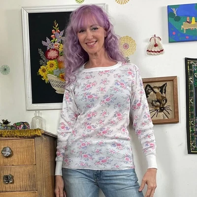 Vintage Floral Thermal Shirt, 1980s Waffle Weave Cotton Poly Trail's End Sz 2X - Image 1 of 4