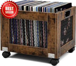 Wooden Vinyl Record Storage Crate w/ Wheels Holds 70+ LPs Industrial Style - Bild 1 von 5