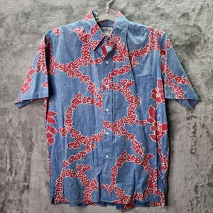 Reyn Spooner Floral Wreath Aloha Shirt M Chambray Blue Red 100% Cotton Hawaiian - Picture 1 of 8