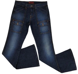 Womans Low Rise Flare Leg Cargo Stretch Jeans Stone Washed Blue 26W-30W USA - Picture 1 of 8