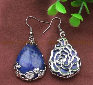 Tibet 925 Silver Drop Lapis Lazuli Flowers Gemstone Hook Earrings Jewelry - Picture 1 of 6