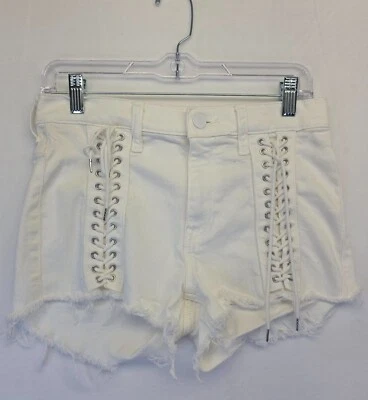 Y2KExpress Shorts Women 2 White High Rise Shortie Lace Up Distressed Cut Off - Image 1 of 4