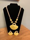 Yellow Vintage Ceramic Faux Pearl Necklace and Earring Set Statement Runway