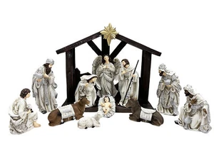  Nativity Set & Stable - 11pcs 200mm Silver Colour Resin Stable & Pieces - Picture 1 of 1
