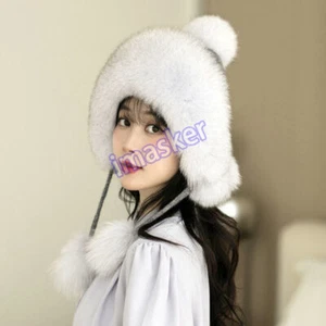 Gorros de piel de zorro natural para mujer pompón trampero sombrero tejido oreja solapa gorra cálida invierno - Imagen 1 de 30