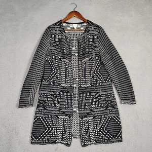Chico's Cardigan Women's 2 Black White Aztec Knit Open Front Long Sleeve Sweater - Picture 1 of 12