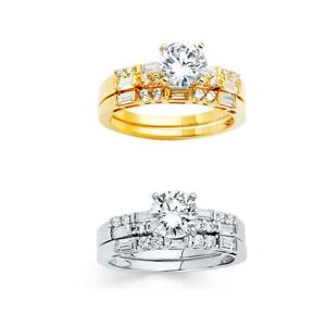 14k Yellow White Gold - 1 ct Round CZ Solitaire Engagement Wedding Ring Set, 4-9