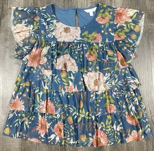 Lauren Conrad Women Sz L Blue Floral Top Flutter Ruffles Boho Cottagecore Lined - Imagen 1 de 9