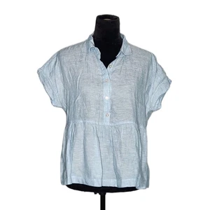 C&C California Women's Linen Short Sleeve Button Peplum Blouse Blue Small New - Picture 1 of 6
