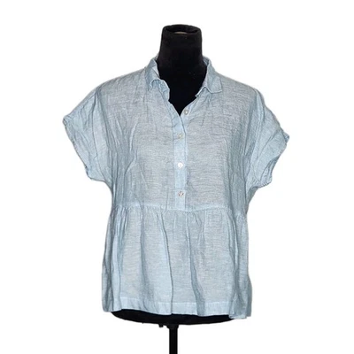 C&C California Women's Linen Short Sleeve Button Peplum Blouse Blue Small New - Image 1 of 4