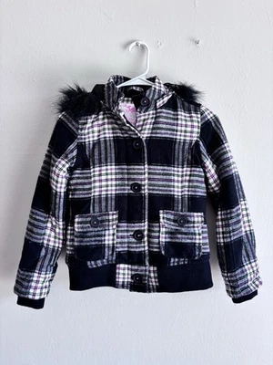 Chaqueta Abrigo Justice Girls Talla 8 Cuadros Negro Rosa Verde Piel Capucha Abotonada Foto 1 de 4