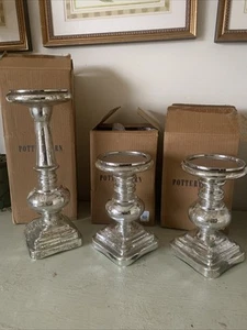 Pottery Barn Rustic Silver Mercury Glass Pillar Candle Holders Set 3 9”& 13” - Imagen 1 de 7