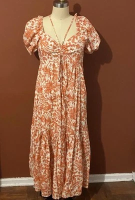Vestido midi Aqua para mujer floral con tiras naranja blanco talla pequeña 100 % algodón Foto 1 de 4