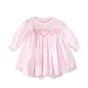 Petit Ami Pink Fully Smocked Floral Heart Embroidery Dress Set w/ Bonnet Newborn - Picture 1 of 4