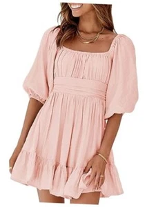 Womens Summer Dresses Square Neck Tie Back Lantern Sleeve Ruffle Small 2 Pink - Picture 1 of 7