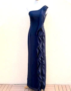 WHITE by VERA WANG Navy One Shoulder Ruffle Trail Maxi Dress Slit Front Size 8 - Picture 1 of 10