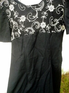 VTG 80S M L KNAPP BLACK WHITE EMBROIDERED EMPIRE WAIST DRESS LINEN RAYON MAXI  - Picture 1 of 8