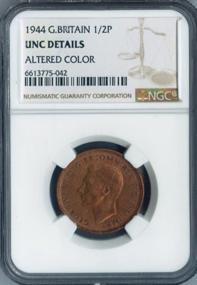 1944 Great Britain Half Penny 1/2P NGC UNC DETAILS - Image 1 of 2
