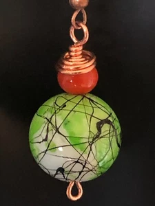 Painted glass bead earrings / copper wire green glass drop earrings / handmade. - Picture 1 of 12
