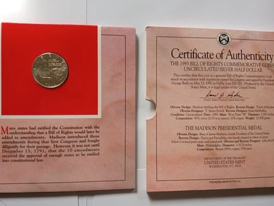 1993 Bill of Rights Silver Half Dollar Coin & Medal  Madison Set. Free Shipping. - Image 1 of 3