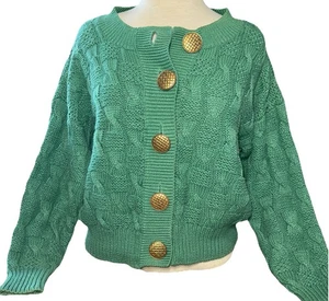 VTG Hunters Run Green Fancy Knit Cardigan Large Buttons Sz Large - Picture 1 of 16