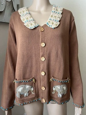 STORYBOOK Knits Vintage Beaded Elephat Knit Cardigan Sweater Embroidered Boho S - Image 1 of 4