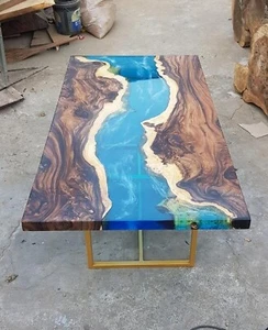 Blue epoxy resin river dining tabletop live edge wood epoxy resin coffee table - Picture 1 of 7