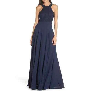 Lulu’s XS Love Poem navy blue lace crochet bodice halter gown maxi bridesmaid - Picture 1 of 8