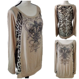 Y2k Affliction top Angels & Diamonds Fleur Tan black bling Mesh Leopard back Vtg - Picture 1 of 13
