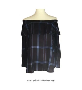 LOFT Petite Plum Long Sleeves Plaid Ruffle Off The Shoulder Top_LP NWT - Picture 1 of 7