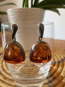 Vintage big honey Cabochon amber Minimalist earrings - Picture 1 of 5