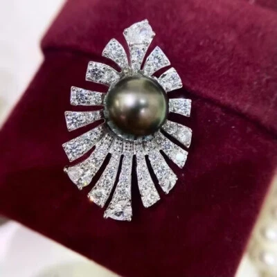 9-10mm tahitian round black green pearl pendant brooch two ways wear (sz) Foto 1 de 3