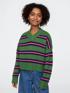 New Gap Kid Girl Green Striped Oversized Sweater 10 V-Neck Long Sleeve CashSoft - Picture 1 of 5