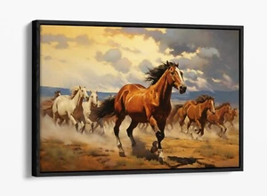WILD HORSES RUNNING THROUGH THE PLAINS -FLOATER EFFECT FRAMED CANVAS ART PRINT - Picture 1 of 12