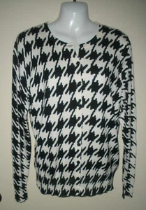 #E Misses Sweater Cardigan M Covington Black White Button Up Herringbone - Picture 1 of 7